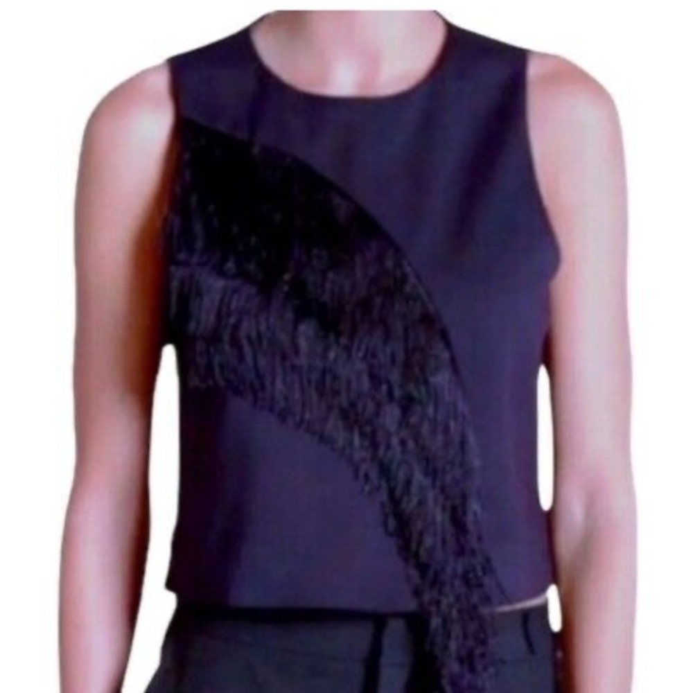 Tibi Switching Sides Black dressy sleeveless fringe crop top, size 6